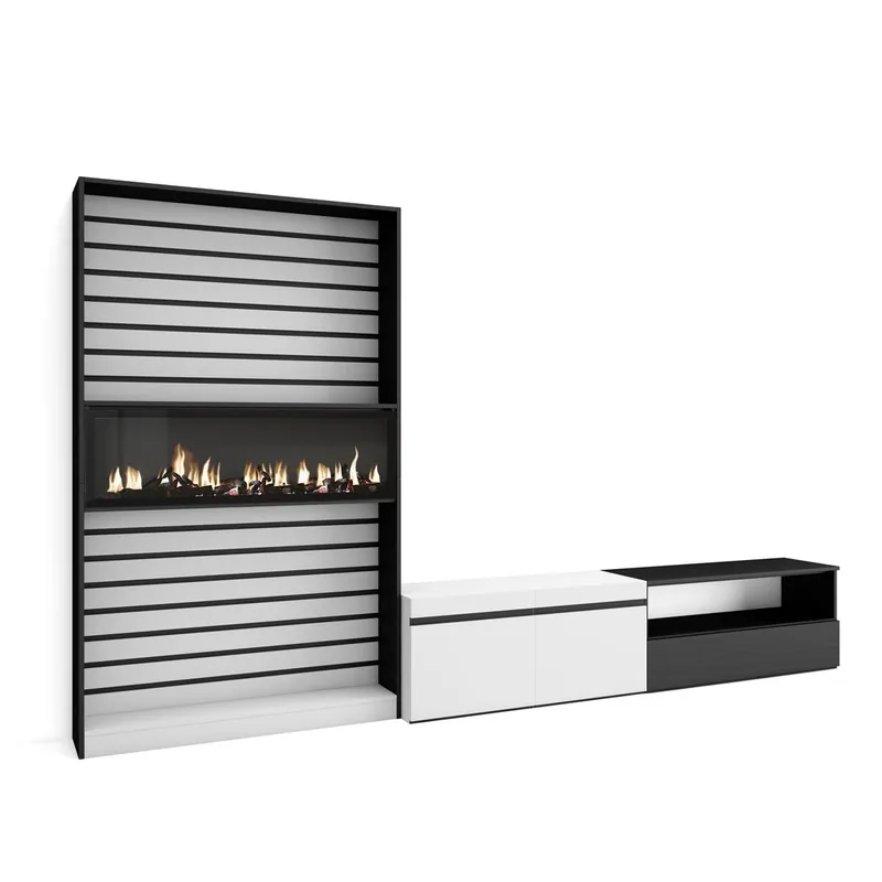 Muebles de Salón para TV, Conjunto de muebles comedor, 210x35x186cm, Para TV hasta 80", Chimenea eléctrica, Estilo Moderno, Blanco y negro