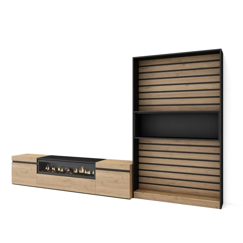 Muebles de Salón para TV, Conjunto de muebles comedor, 210x35x186cm, Para TV hasta 80", Chimenea eléctrica, Estilo Moderno, Blanco y negro