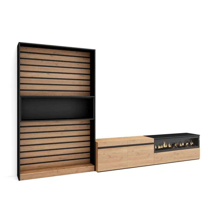 Muebles de Salón para TV, Conjunto de muebles comedor, 210x35x186cm, Para TV hasta 80", Chimenea eléctrica, Estilo Moderno, Blanco y negro