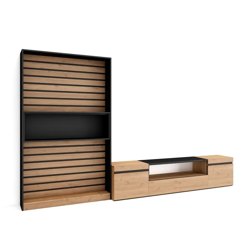 Muebles de Salón para TV, Conjunto de muebles comedor, 210x35x186cm, Para TV hasta 80", Mueble Televisión, Estilo Moderno, Blanco y negro