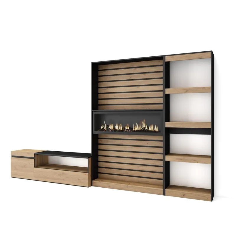 Muebles de Salón para TV, Conjunto de muebles comedor, 320x35x186cm, Chimenea eléctrica, Estilo Moderno, Roble y negro