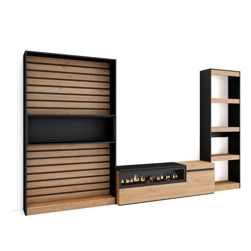 Muebles de Salón para TV, Conjunto de muebles comedor, 320x35x186cm, Chimenea eléctrica, Estilo Moderno, Roble y negro