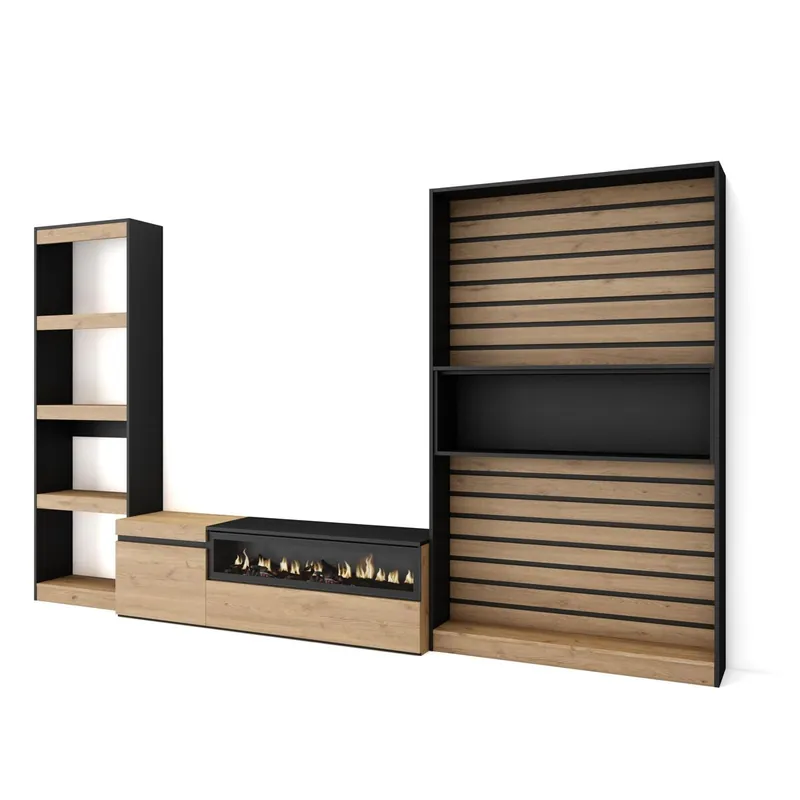 Muebles de Salón para TV, Conjunto de muebles comedor, 320x35x186cm, Chimenea eléctrica, Estilo Moderno, Roble y negro
