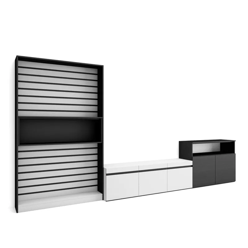 Muebles de Salón para TV, Conjunto de muebles comedor, 360x35x186cm, Para TV hasta 65", Mueble Televisión, Estilo Moderno, Blanco y negro