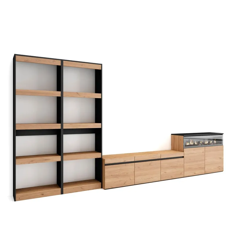 Muebles de Salón para TV, Conjunto de muebles comedor, 370x35x186cm, Para TV hasta 65", Chimenea eléctrica, Estilo Moderno, Cemento