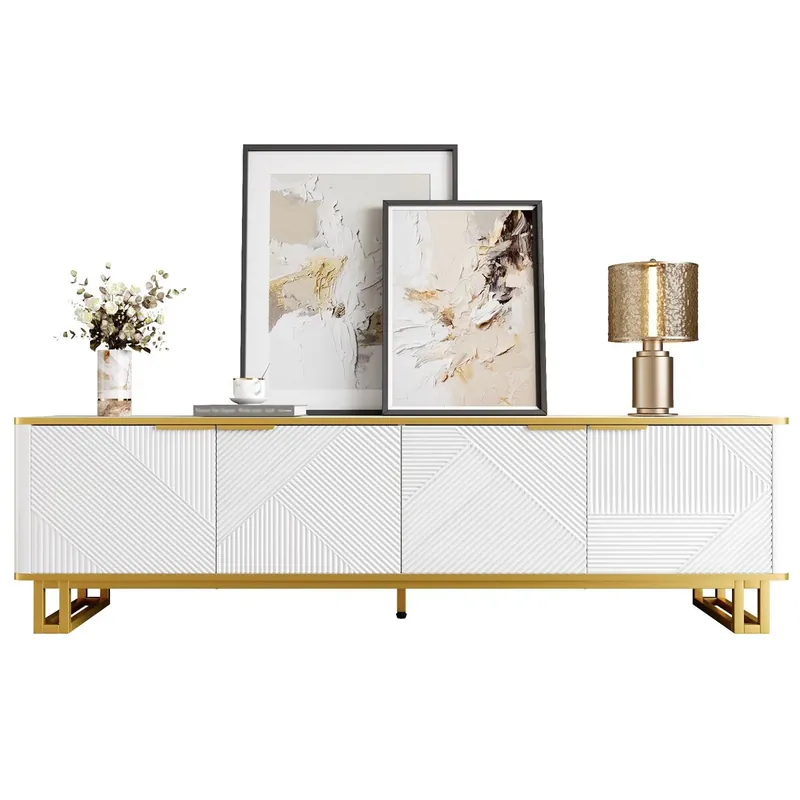 Mueble TV 160x37,5 cm - 4 puertas, textura geométrica, diseño único - Blanco