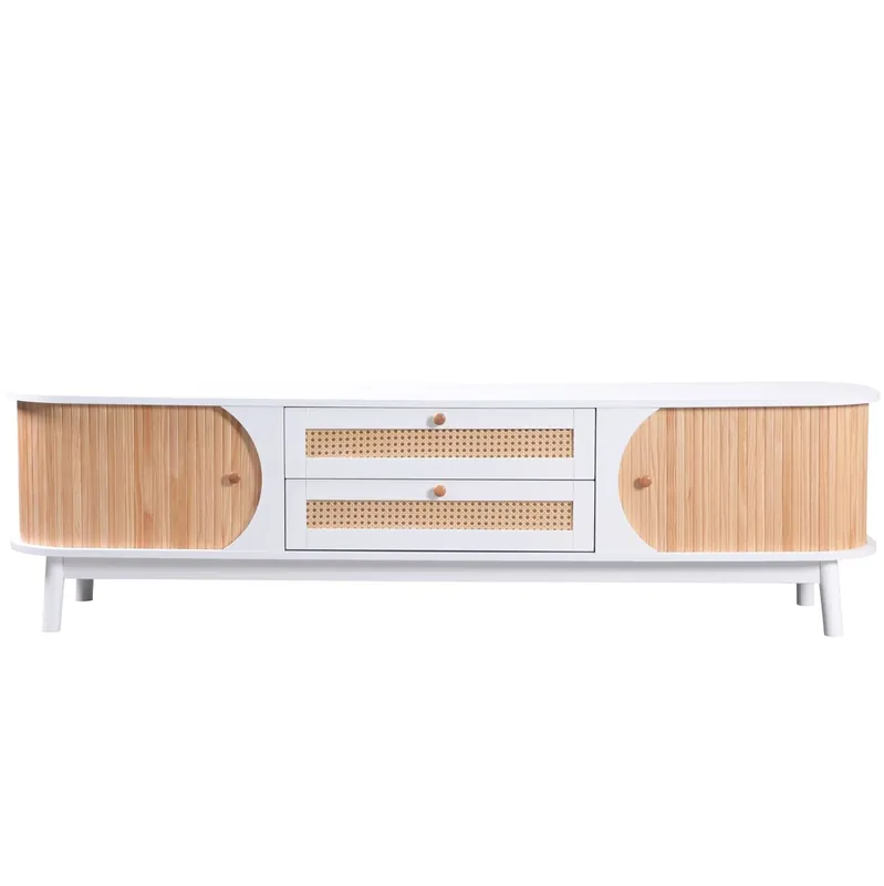 Mueble TV de madera maciza y ratán 170 cm - 2 cajones y 2 puertas - estilo rústico - marrón