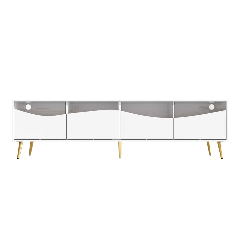 Mueble TV 180x40x50 cm - con iluminación LED, frente de vidrio, pies metálicos dorados - Blanco