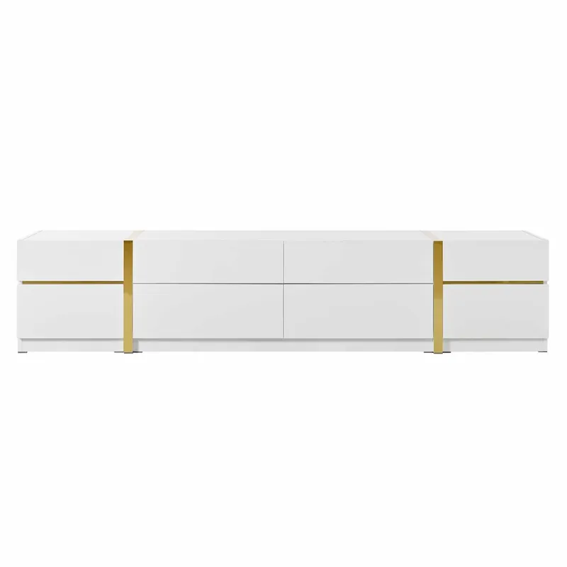 Mueble de TV - Estilo moderno - Con cajones y puertas - Acabado en alto brillo - Bordes dorados - Gran capacidad de almacenamiento - Color dorado y blanco