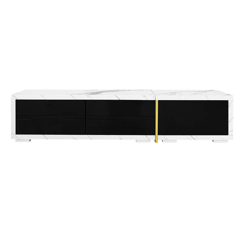 Mueble de TV de longitud regulable (140-260 cm) - 3 puertas abatibles - aspecto mármol blanco - Blanco y Negro