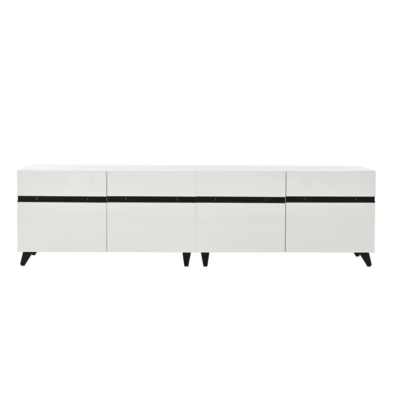 Mueble TV 180x40x49 cm - Alto brillo, 4 armarios, 8 patas, carga recomendada 52 kg - Blanco