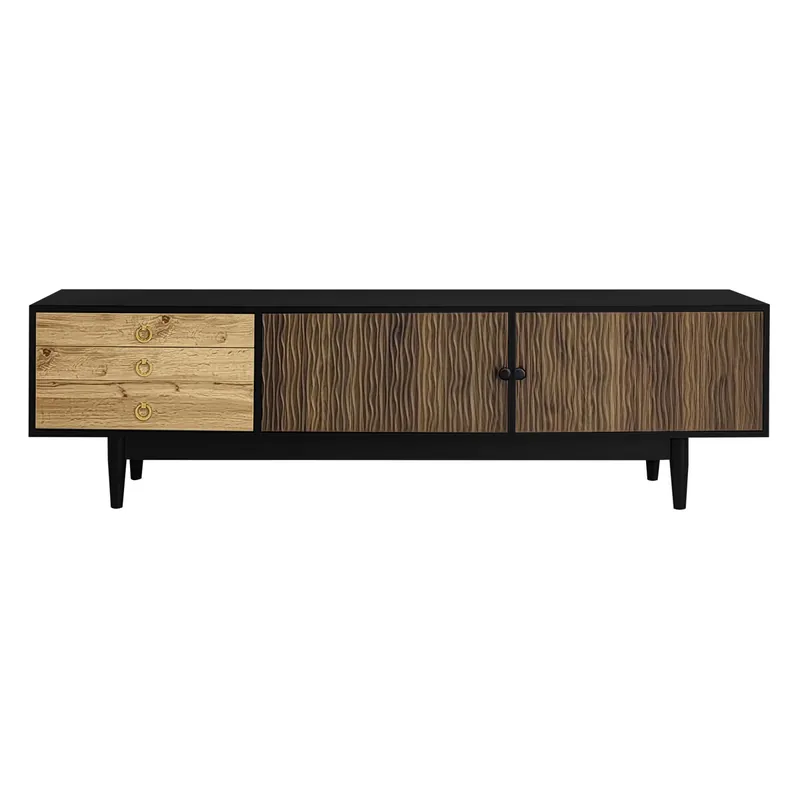 Mueble TV - Características de puertas con diseño de ondas y 3 cajones - Negro y Natural