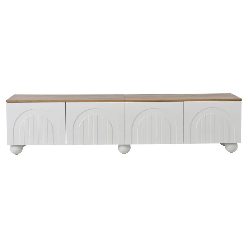 Mueble TV 180x40x45 cm - 4 armarios, 6 patas metálicas, adecuado para TV de 80'' - Blanco + Natural