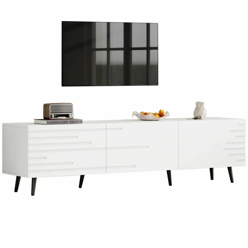 Mueble de TV 180x40x48 cm - 3 puertas abatibles, diseño impreso, gran espacio de almacenamiento, compatible con TV de hasta 80 pulgadas, MDF - Blanco
