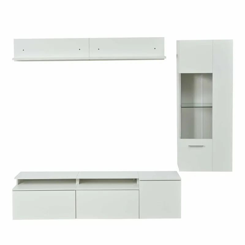Conjunto mueble TV 3 piezas - hasta 80 pulgadas - LED, alto brillo, vitrina y estante colgante - blanco