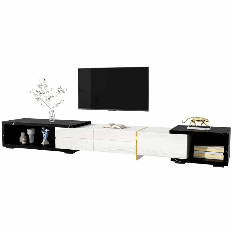 Mueble de TV de longitud regulable (140-260 cm) - 3 puertas abatibles - aspecto mármol negro - Blanco y Negro