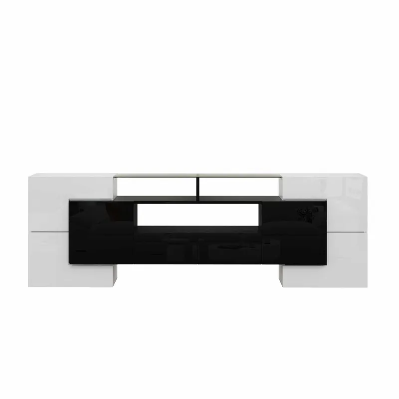 Mueble TV de madera de 2m con 2 cajones y 2 estantes abiertos - Blanco y Negro