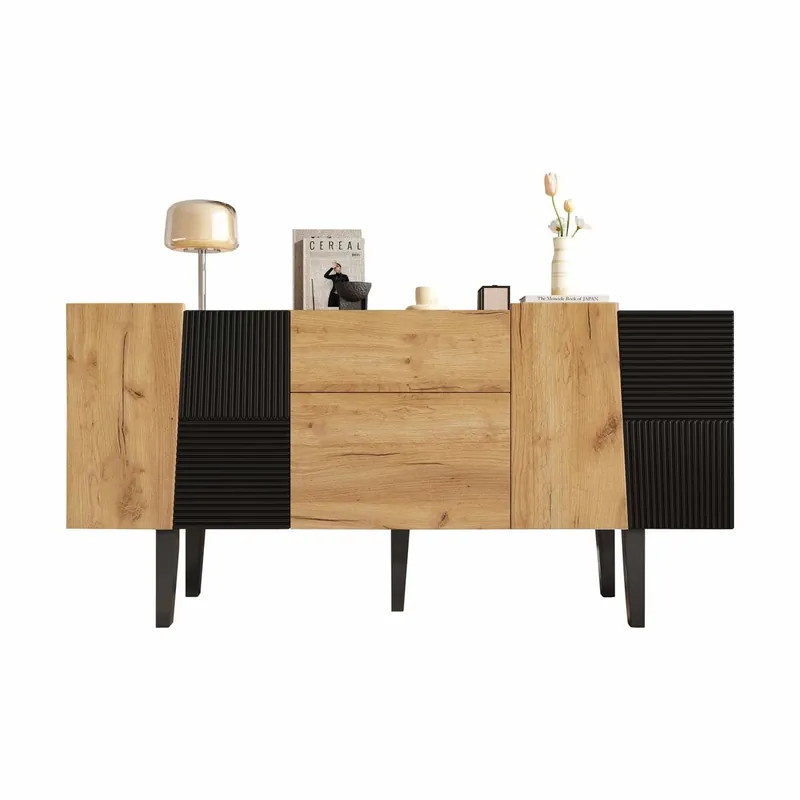 Mueble TV contemporáneo 60" - Centro de entretenimiento de madera con patas de madera maciza y almacenamiento - Natural