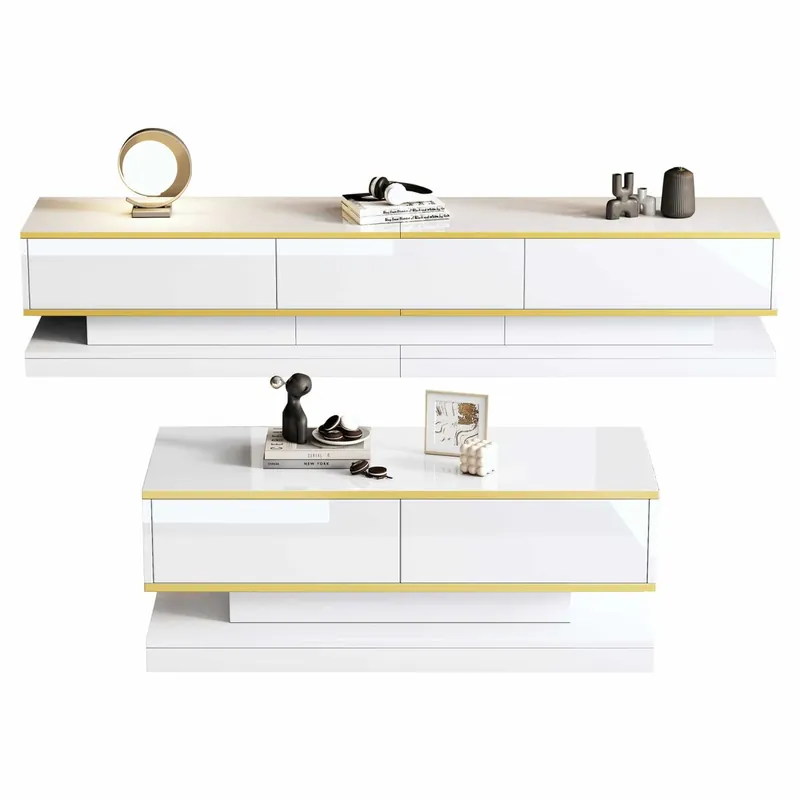 Conjunto TV y mesa de centro blanca brillante - 3 cajones TV y 2 cajones mesa de centro con detalles dorados