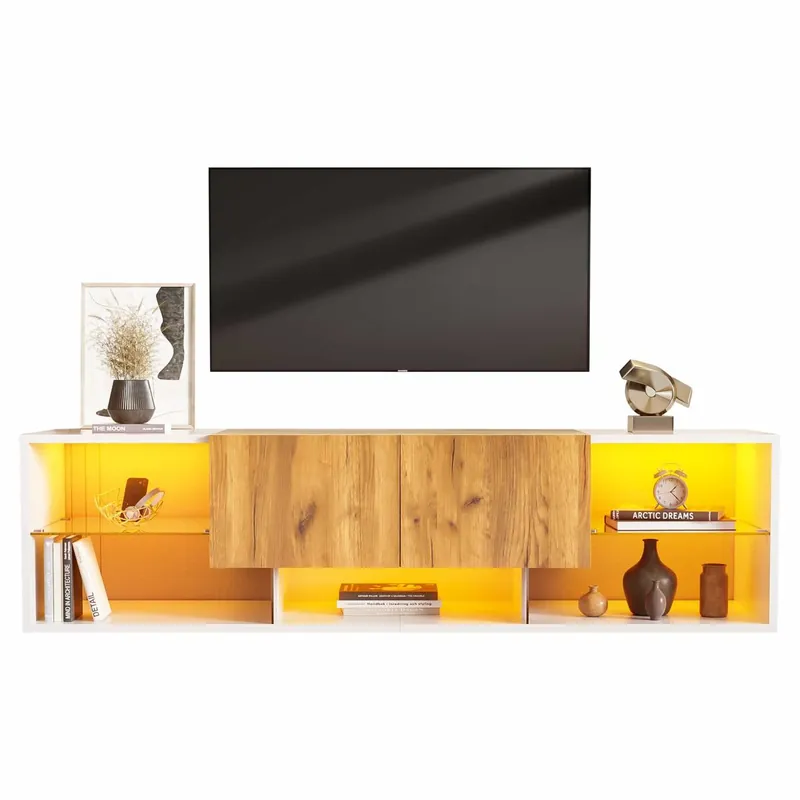 Mueble TV 3 Niveles para TV hasta 70" - Centro de entretenimiento moderno con estantes de vidrio y 2 cajones - Madera Natural Roble + Blanco Antiguo