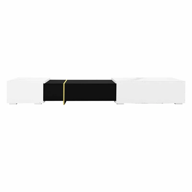 Mueble de TV de longitud regulable (140-260 cm) - 3 puertas abatibles - aspecto mármol blanco - Blanco y Negro