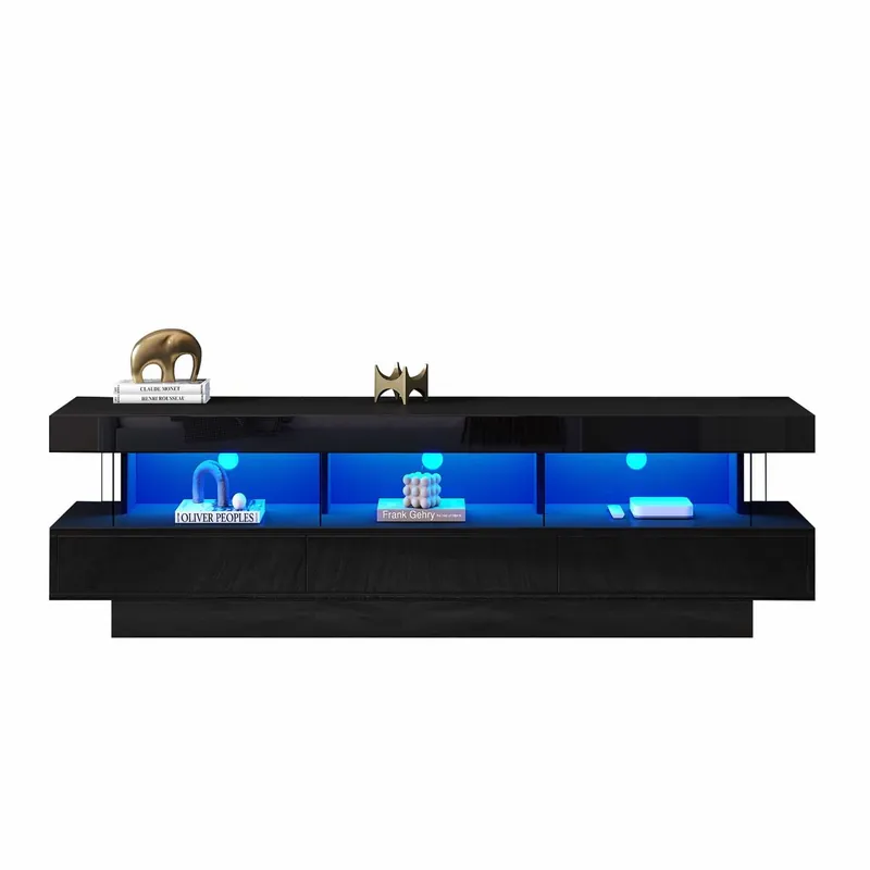 Mueble TV con LED de 160 cm - 3 compartimentos de cristal - Controlado por APP - Apto para TV de 70" - Negro