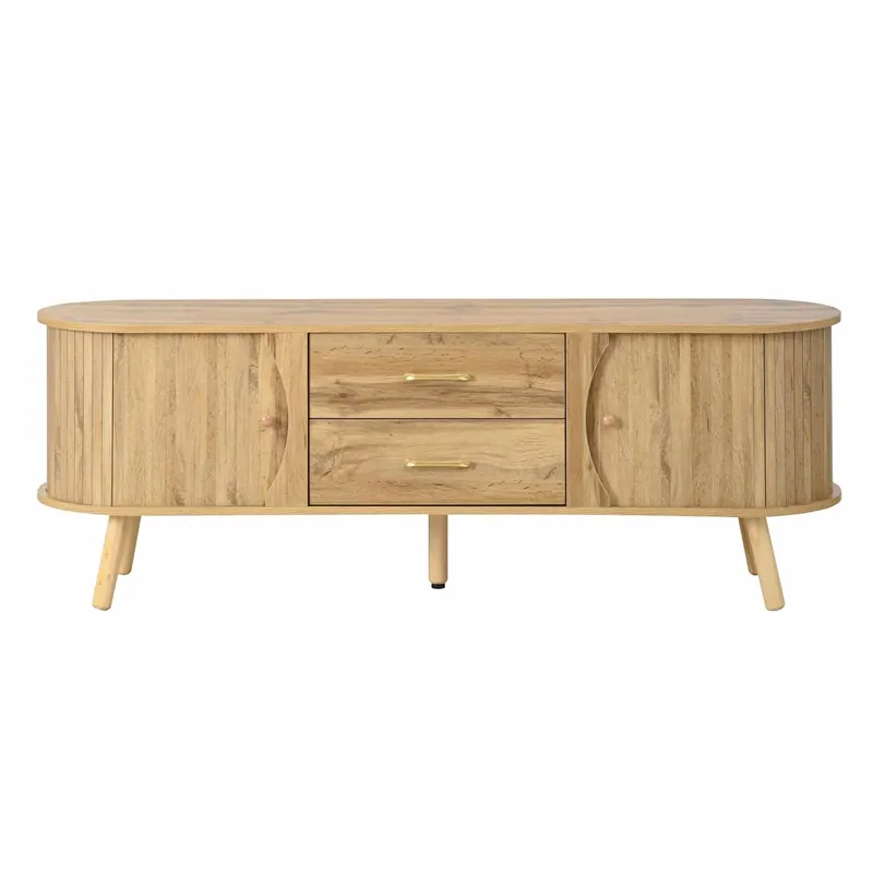 Mueble TV ovalado - con puertas correderas y cajones, relieve de líneas verticales, patas de madera maciza, estilo escandinavo moderno - natural