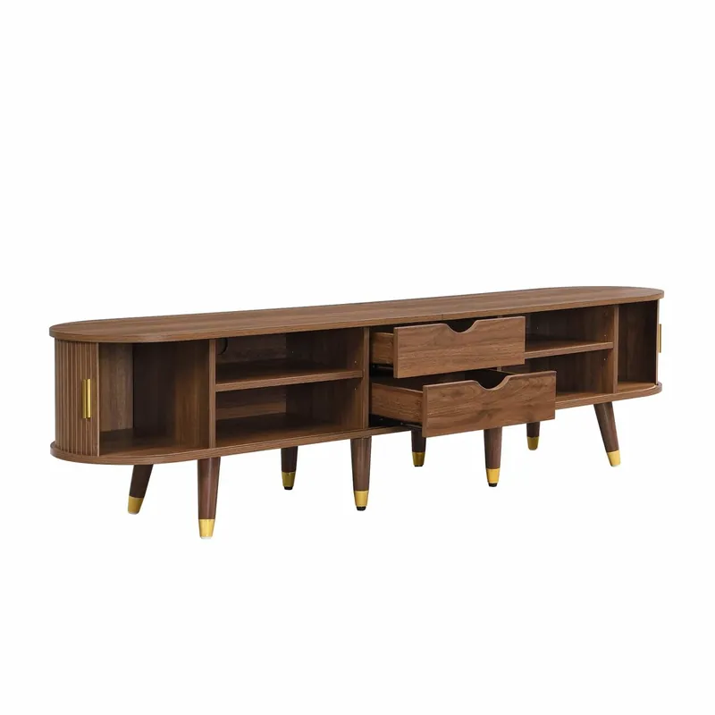 Conjunto de salón 2 piezas - mesa de centro elevable y mueble TV con puertas correderas, diseño estriado vertical, patas de madera, tiradores dorados y gran espacio de almacenamiento - color nogal