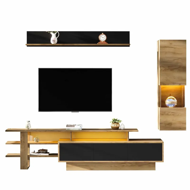 Conjunto de mueble TV 3 piezas para salón hasta 80 pulgadas - con LED, 3 cajones, vitrina y estante colgante - negro y madera natural