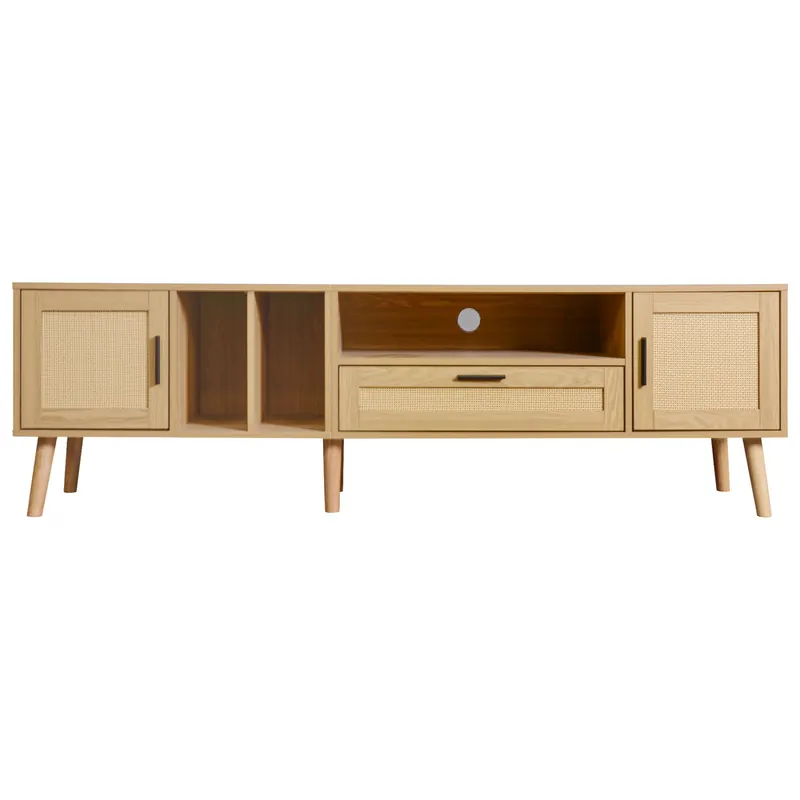 Mueble TV 180cm decorado con ratán - 2 puertas y 1 cajón - patas de madera maciza - Natural