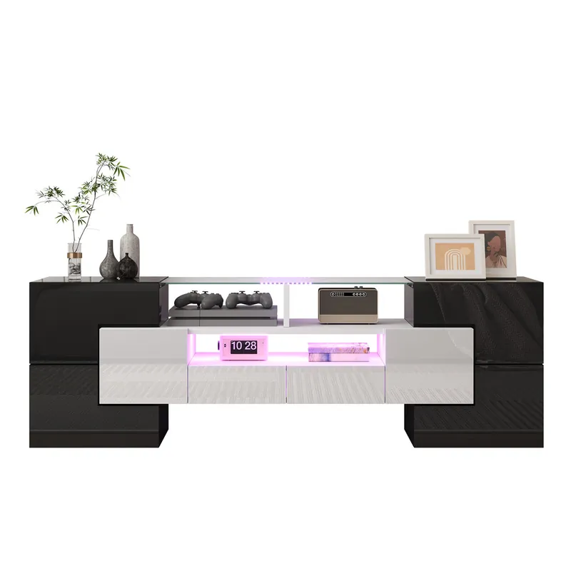Mueble TV 145 cm - Diseño moderno, superficie de vidrio elegante, con iluminación LED - Blanco+Negro