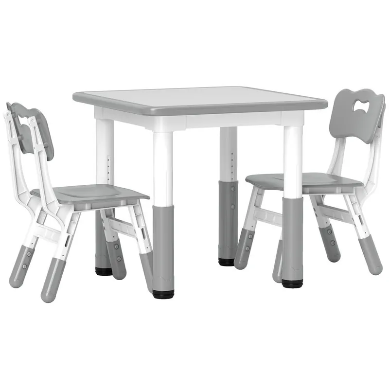 AIYAPLAY Mesa y Sillas Infantiles de 3 Piezas con Altura Ajustable Mesa Infantil con 2 Sillas Fácil de Limpiar para Niños de 18 Meses a 5 Años para Sala de Juegos Dormitorio Guardería Blanco y Gris - Muebles