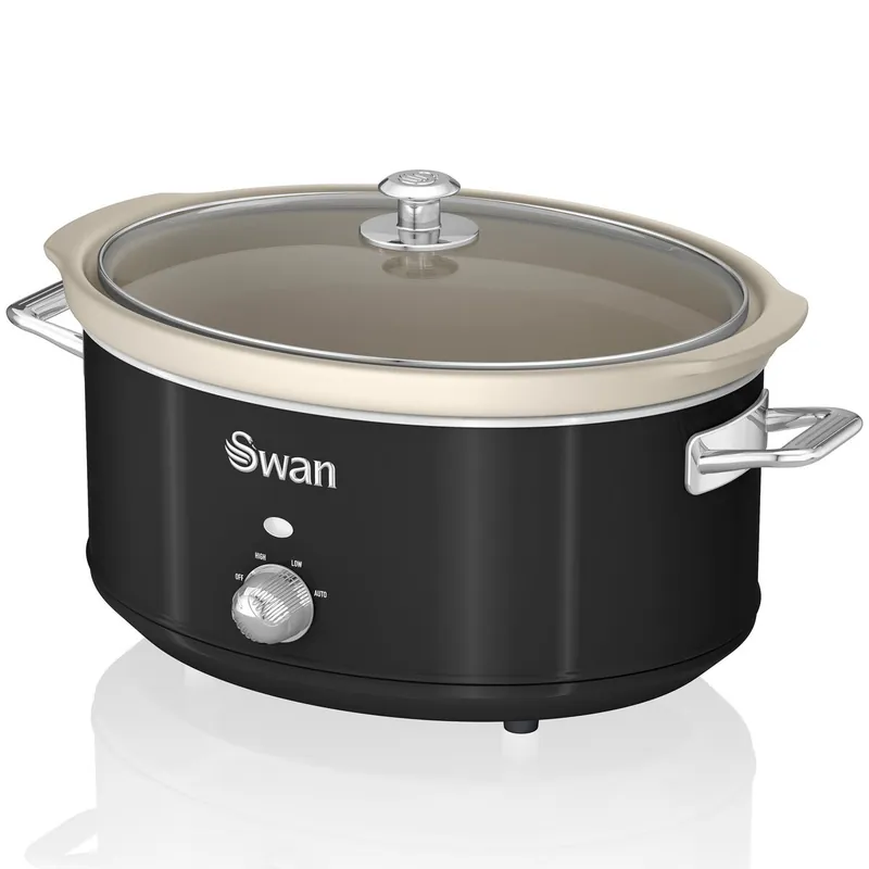SWAN SF17031BNEU Retro Olla Cocción Lenta, 6,5L, Recipiente Extraíble Antiadherente Cerámica Libre PFOA, Vintage, 320, Negro - Electrodomésticos
