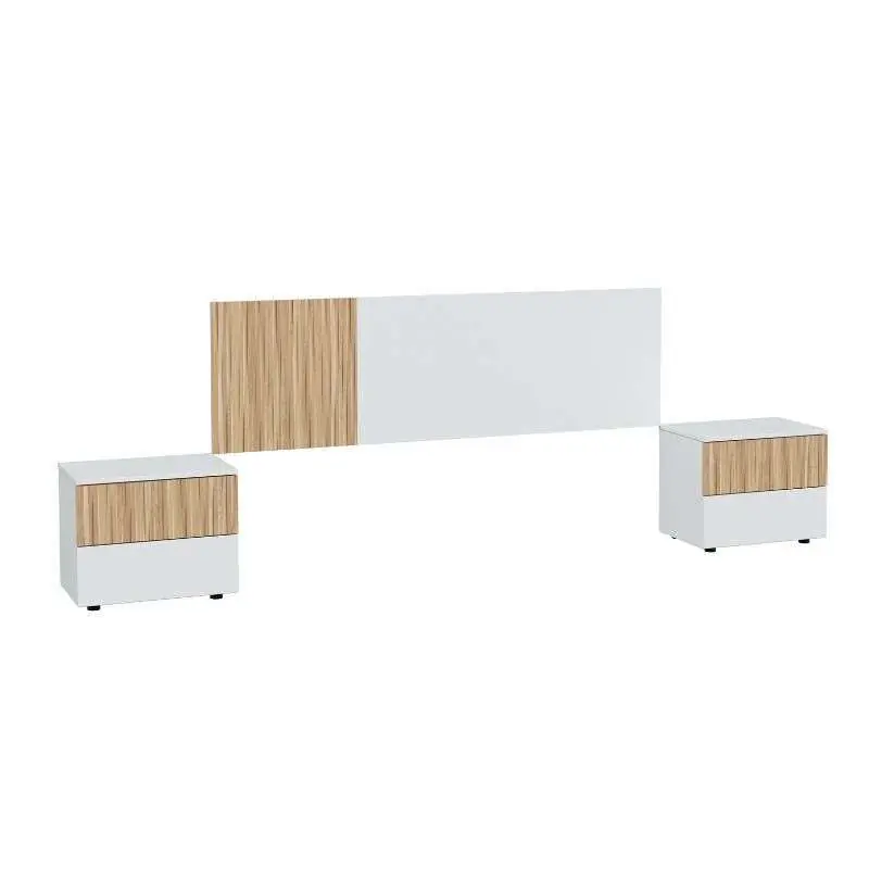 Pack de Muebles de Dormitorio Etnha Estilo Nórdico en Color Blanco Artik y Natur con Cabecero 2 Mesitas, Cama y Vestidor