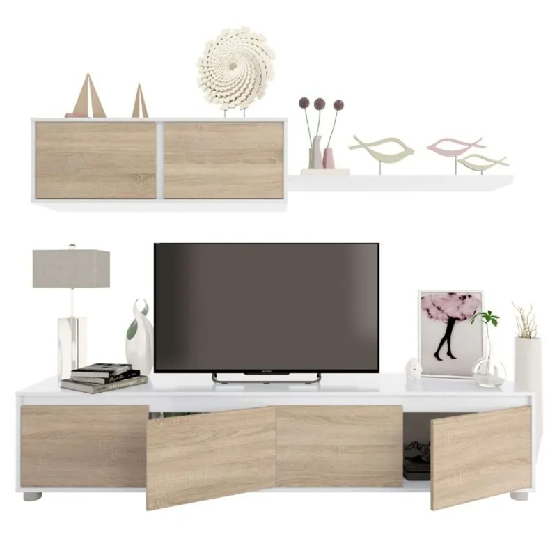 Pack De Muebles Salón Moderno en Blanco Mate y Roble Canadian