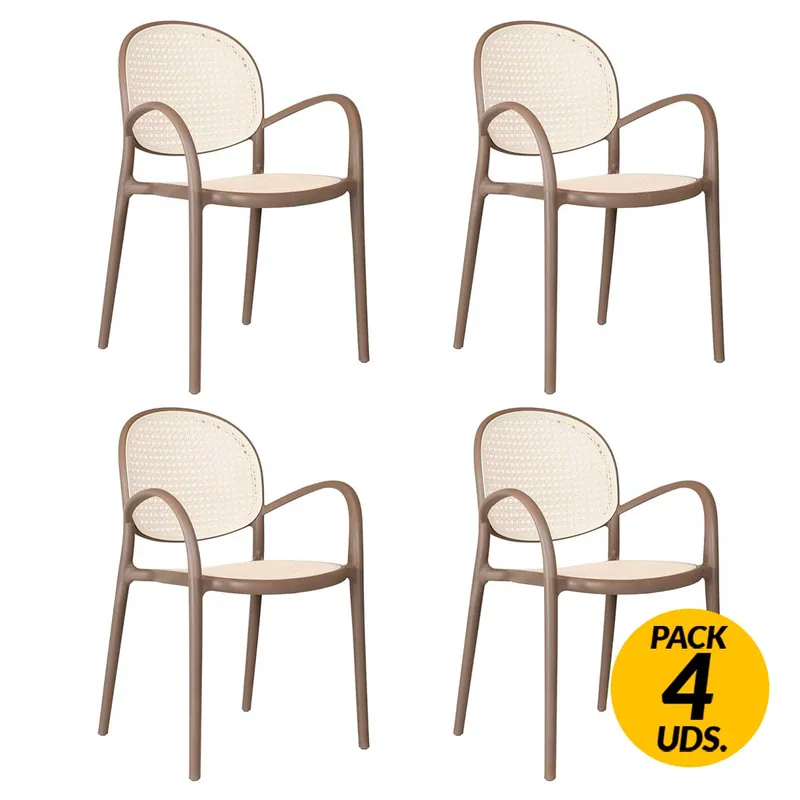 Pack de 4 sillas multiusos Masía diseño vintage con reposabrazos marrón Adec - Muebles