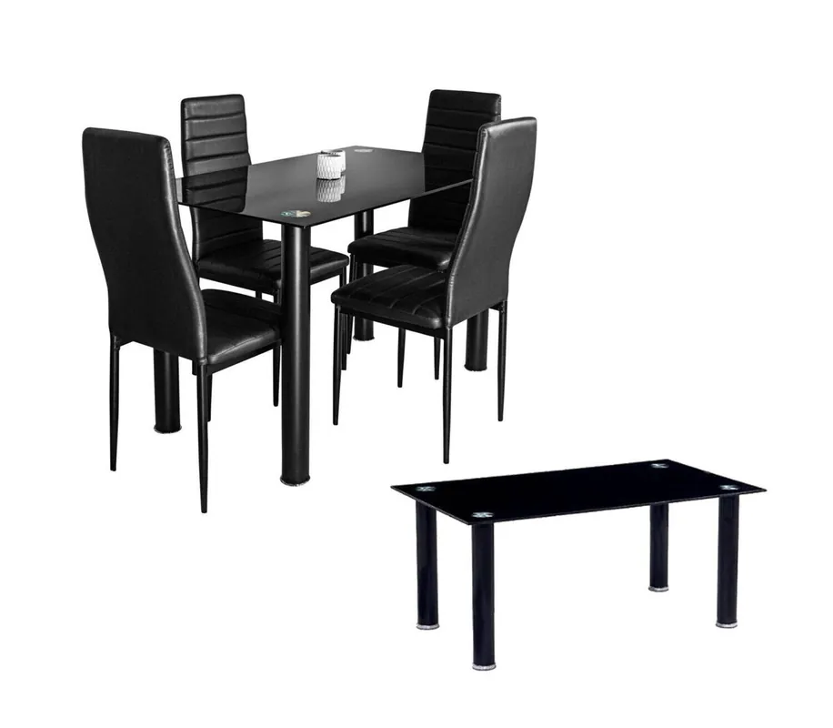 Pack Elegance: Mesa de Cristal Templado + 4 Sillas Polipiel + Mesa de Centro de Cristal Templado - Muebles
