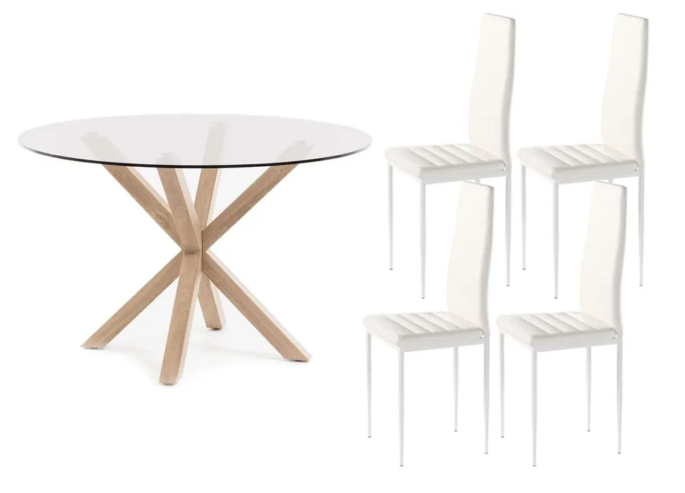 Pack Mesa Redonda de Cristal Templado + Sillas polipiel/metal - Muebles