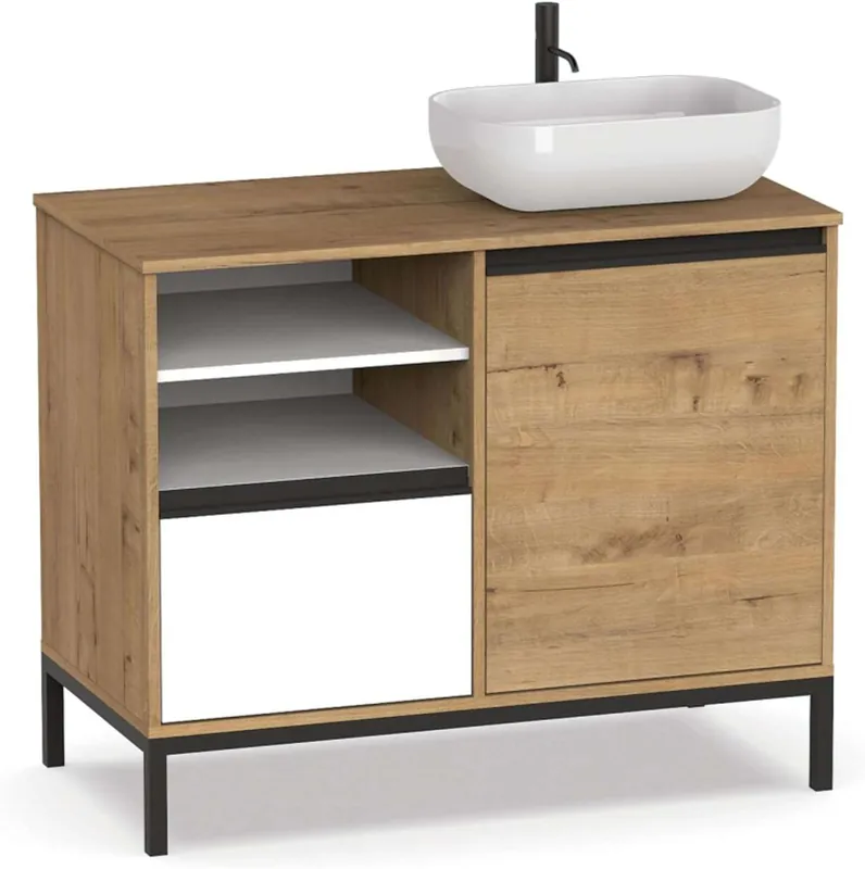 Pack Muebles para baño Támesis Estilo Industrial Roble Gold y Blanco (Mueble baño + Columna + Lavabo cerámico)