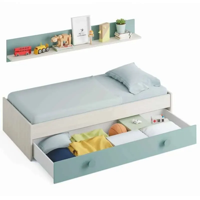 Pack Muebles Dormitorio Juvenil Cama Nido Estante y Armario ropero Verde y Blanco 90x190 cm Sin Somier - Descanso