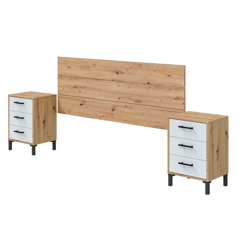 Cabecero + 2 Mesitas 3 Cajones Cabezal y Mesitas Moderno en Blanco Artik y Roble Nodi 240x101x33 cm - Descanso