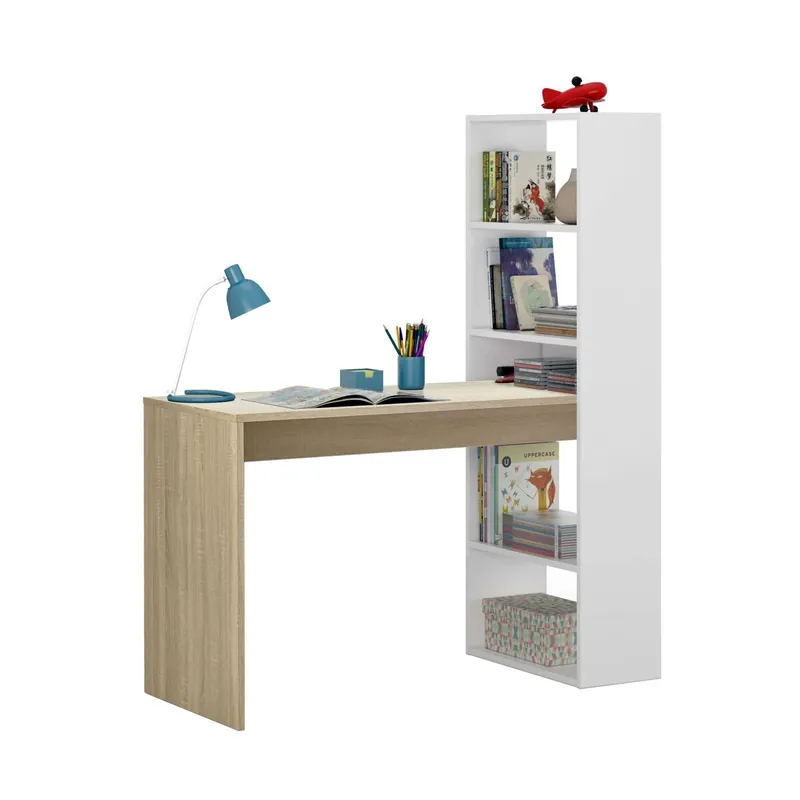 Pack Muebles de Oficina Dormitorio Juvenil Color Blanco artik y Roble canadian (Mesa duplo + estantería)