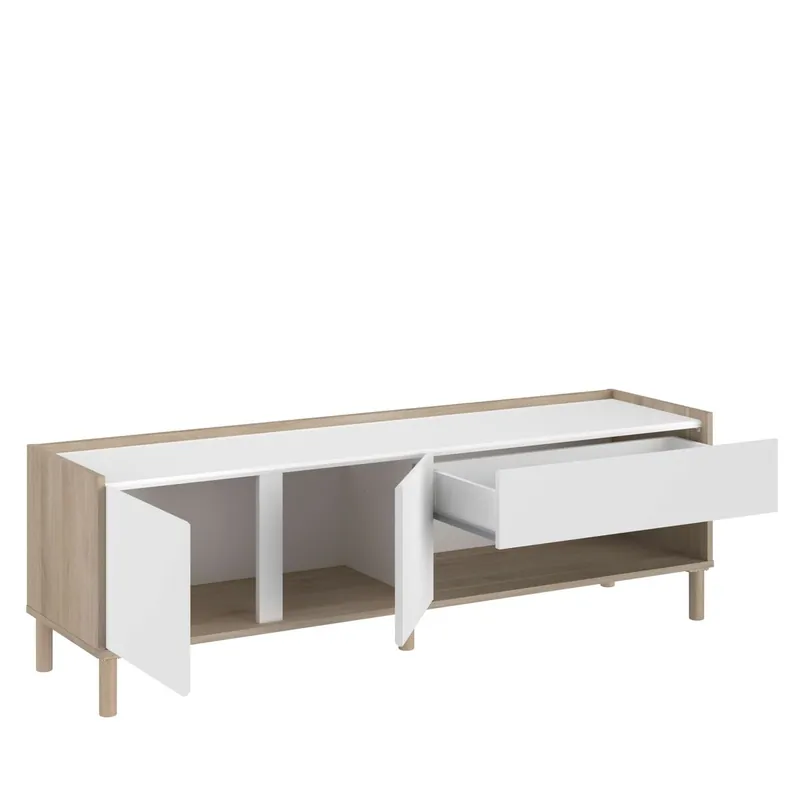 Pack 3 Muebles de Salón Mueble TV, Mesa Centro Elevable y Aparador Color Roble Japonés y Blanco