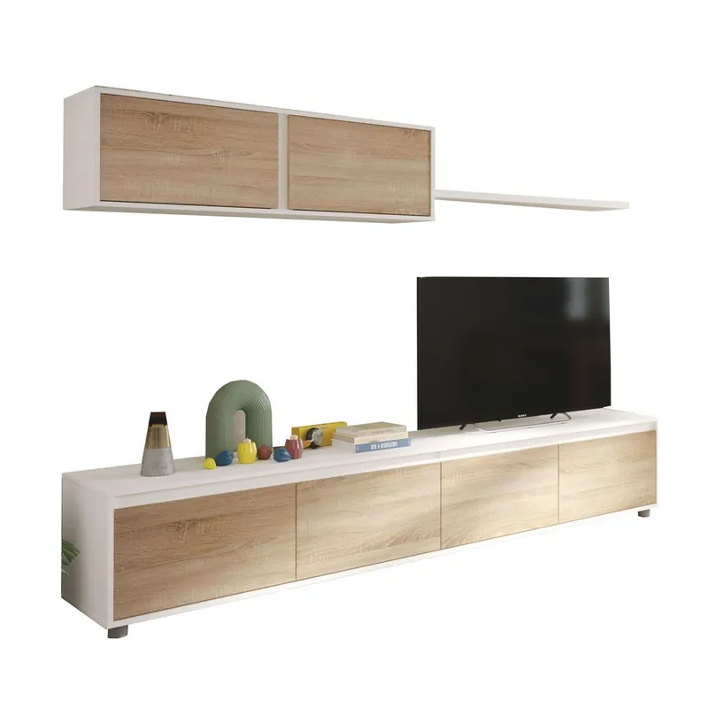 Pack Muebles Salón Completo Color Roble Y Blanco Estilo Nórdico (mueble Salón + Mesa Centro + Escritorio)