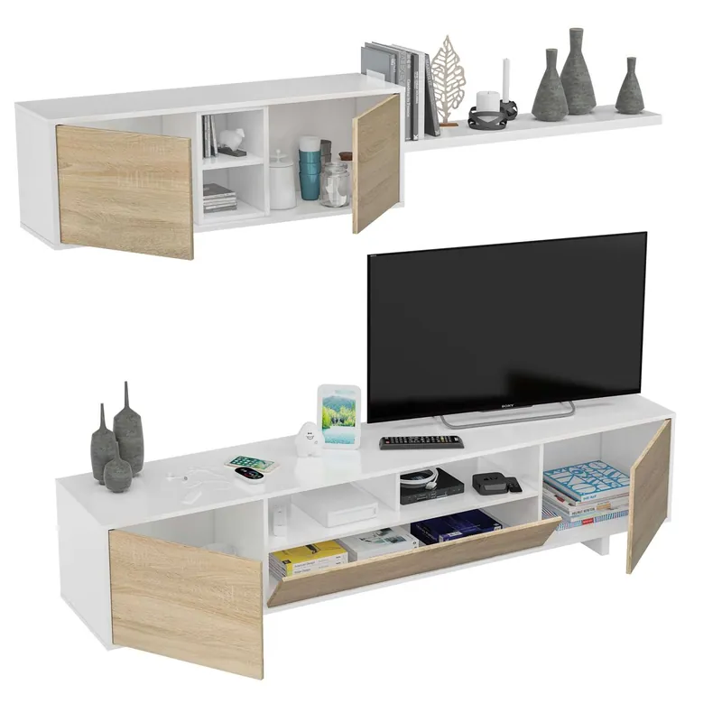 Pack Muebles Salón Roble Canadian Y Blanco (mueble Salón + Mesa Centro Elevable + Mesa Comedor Extensible)