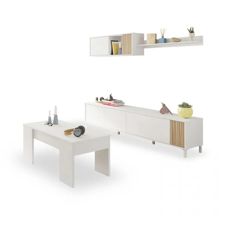 Pack salón con mesa de centro Nitza Plus V2 Blanco Artik (Blanco Mate) - Natur 200 x 47 x 40 cm