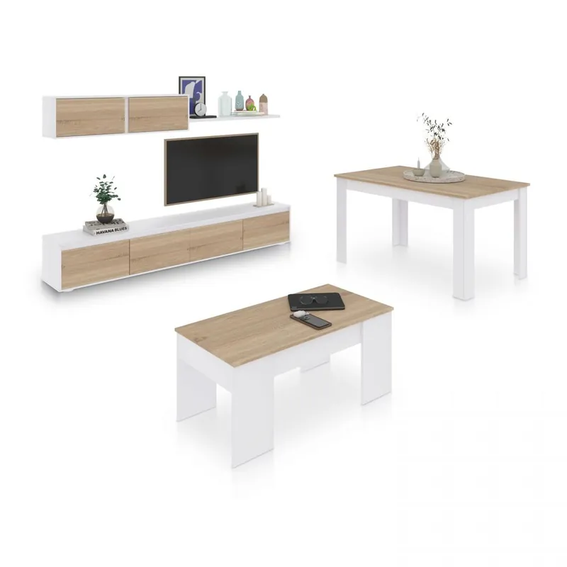 Pack salón con mesa de centro y mesa de comedor Arlet Max V2B Blanco Artik (Blanco Mate) - Óxido 200 x 43 x 41 cm