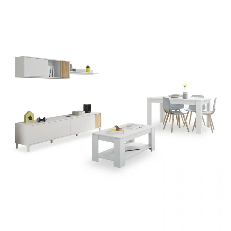 Pack salón con mesa de centro y mesa de comedor Nitza Max V1A Blanco Artik (Blanco Mate) - Natur 200 x 47 x 40 cm