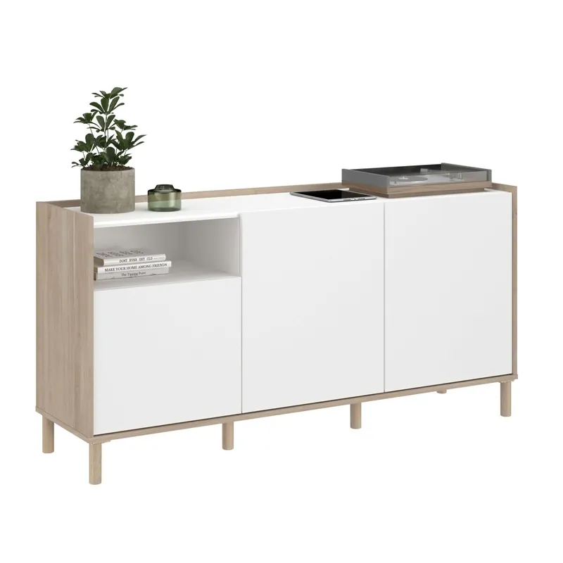 Pack Salón Comedor, Mueble TV 2 puertas, Aparador 3 puertas, Mesa de Centro Extensible Blanco y Roble Japonés - Muebles