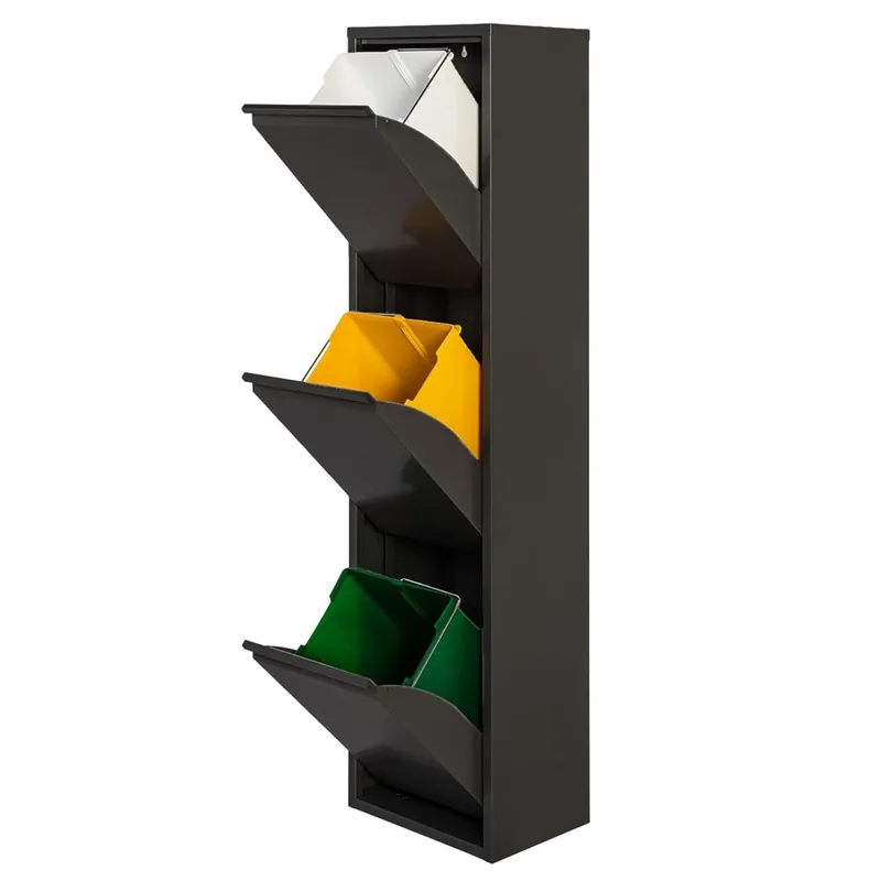 WELL HOME MOBILIARIO & DECORACIÓN Cubo de basura y reciclaje Metálico de 3 compartimentos, 3x17L (51L) Negro mate - Baño